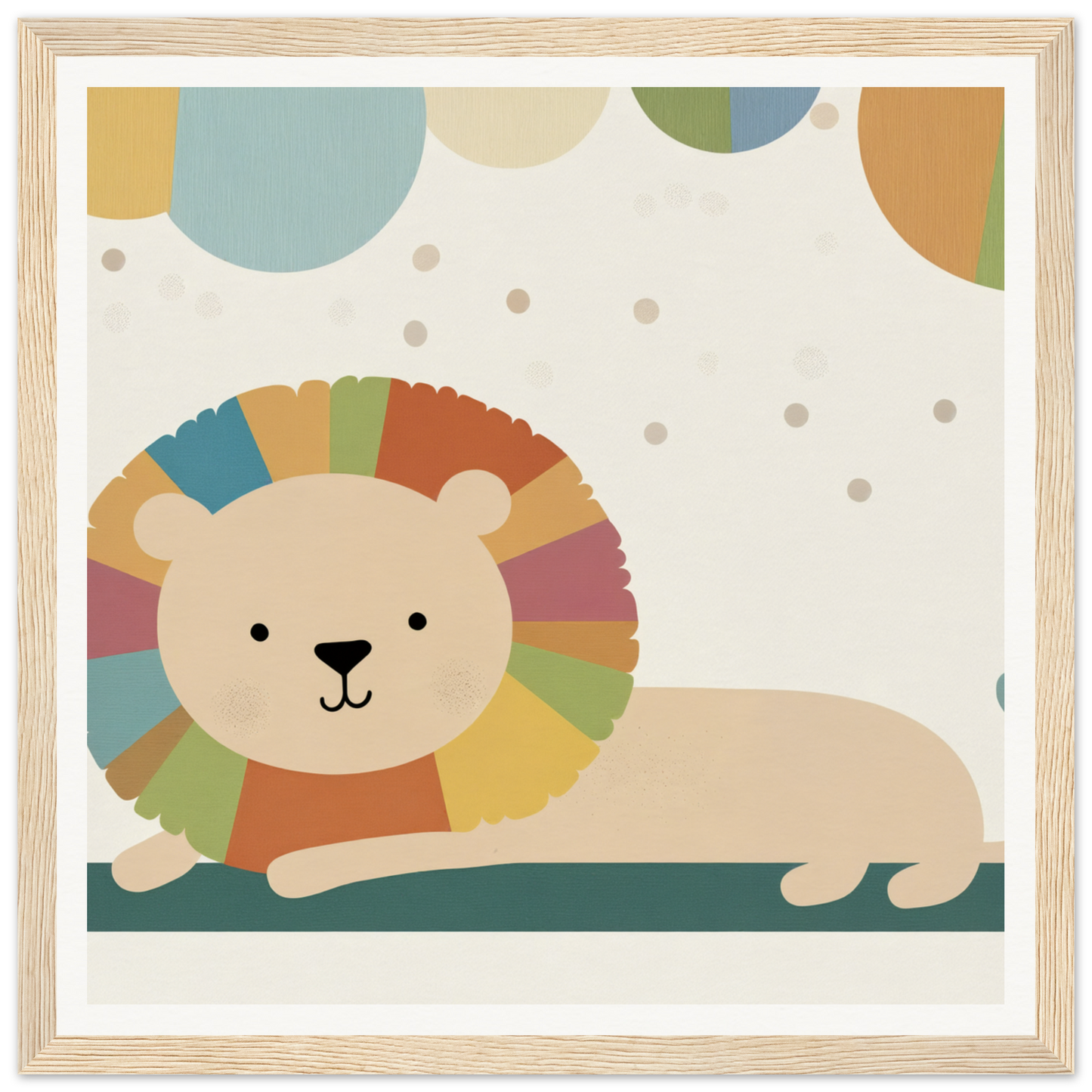 Cartoon lion with colorful rainbow mane in Whimsical Geometric Serengeti design