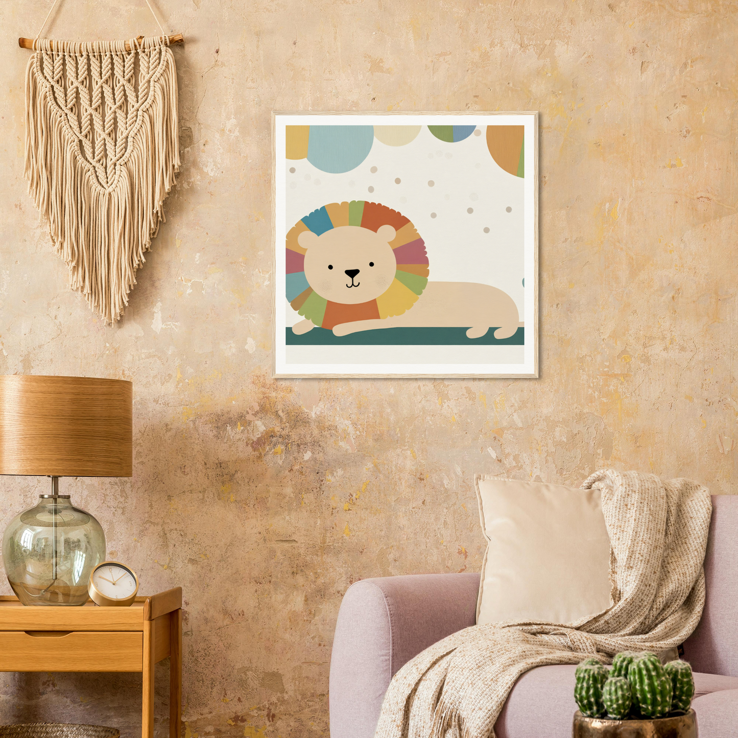 Framed cartoon illustration of a lion with a colorful mane in Whimsical Geometric Serengeti