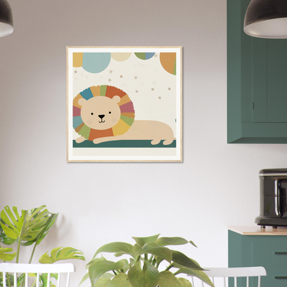 Framed cartoon illustration of a smiling lion with a rainbow mane in Whimsical Geometric Serengeti