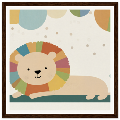 Cartoon lion with colorful rainbow mane resting in Whimsical Geometric Serengeti