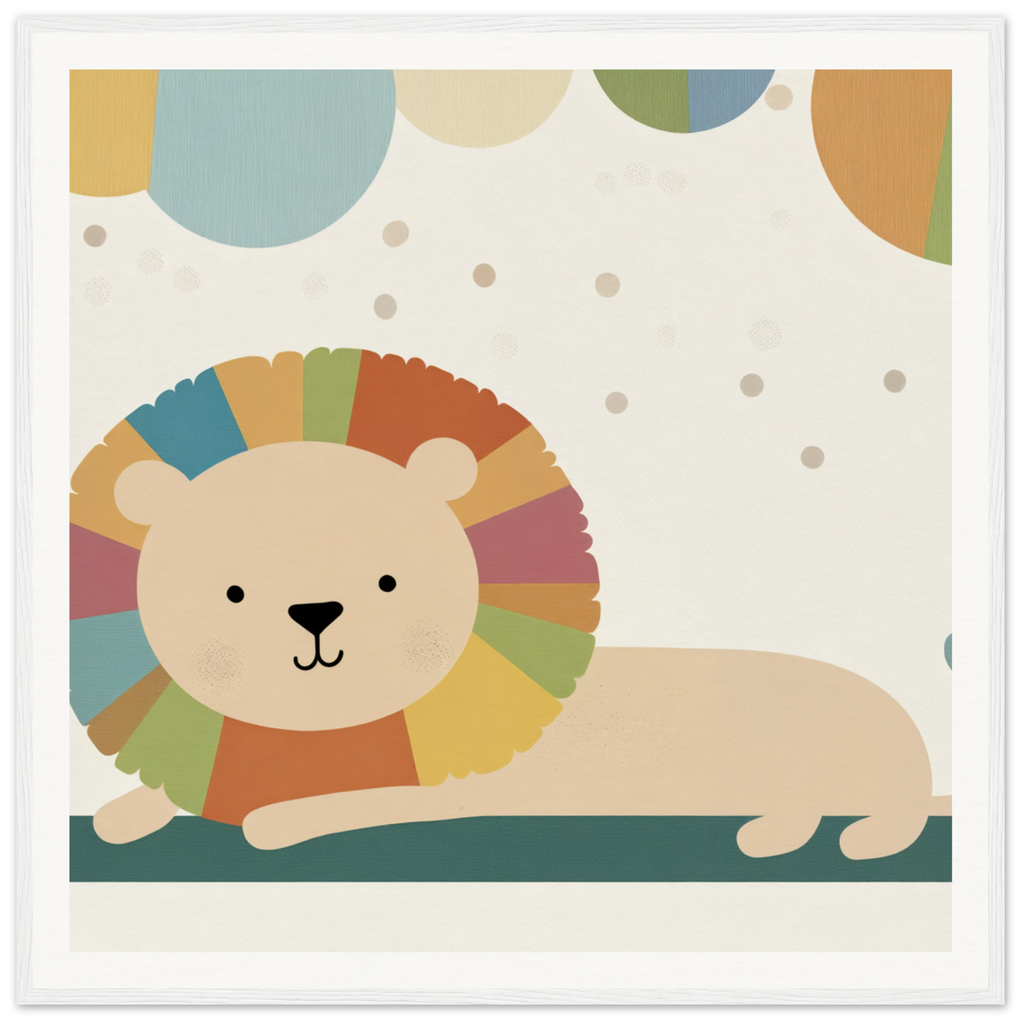 Cartoon lion with rainbow mane reclining in Whimsical Geometric Serengeti design