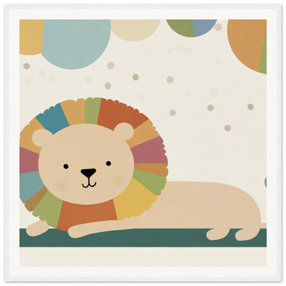 Cartoon lion with rainbow mane reclining in Whimsical Geometric Serengeti design