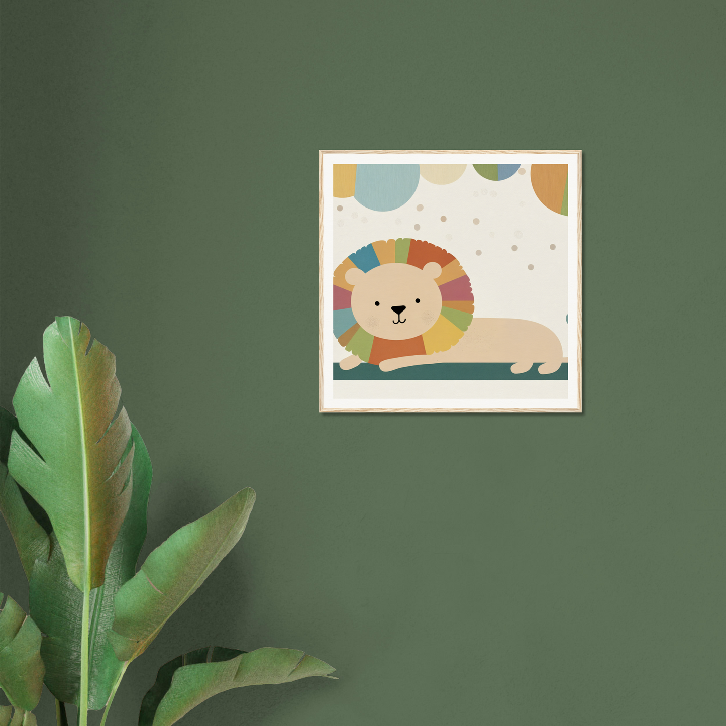 Framed cartoon illustration of a colorful lion with a geometric mane in Whimsical Geometric Serengeti