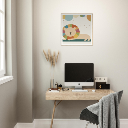 Simple wooden desk with iMac and minimalist decor in Whimsical Geometric Serengeti