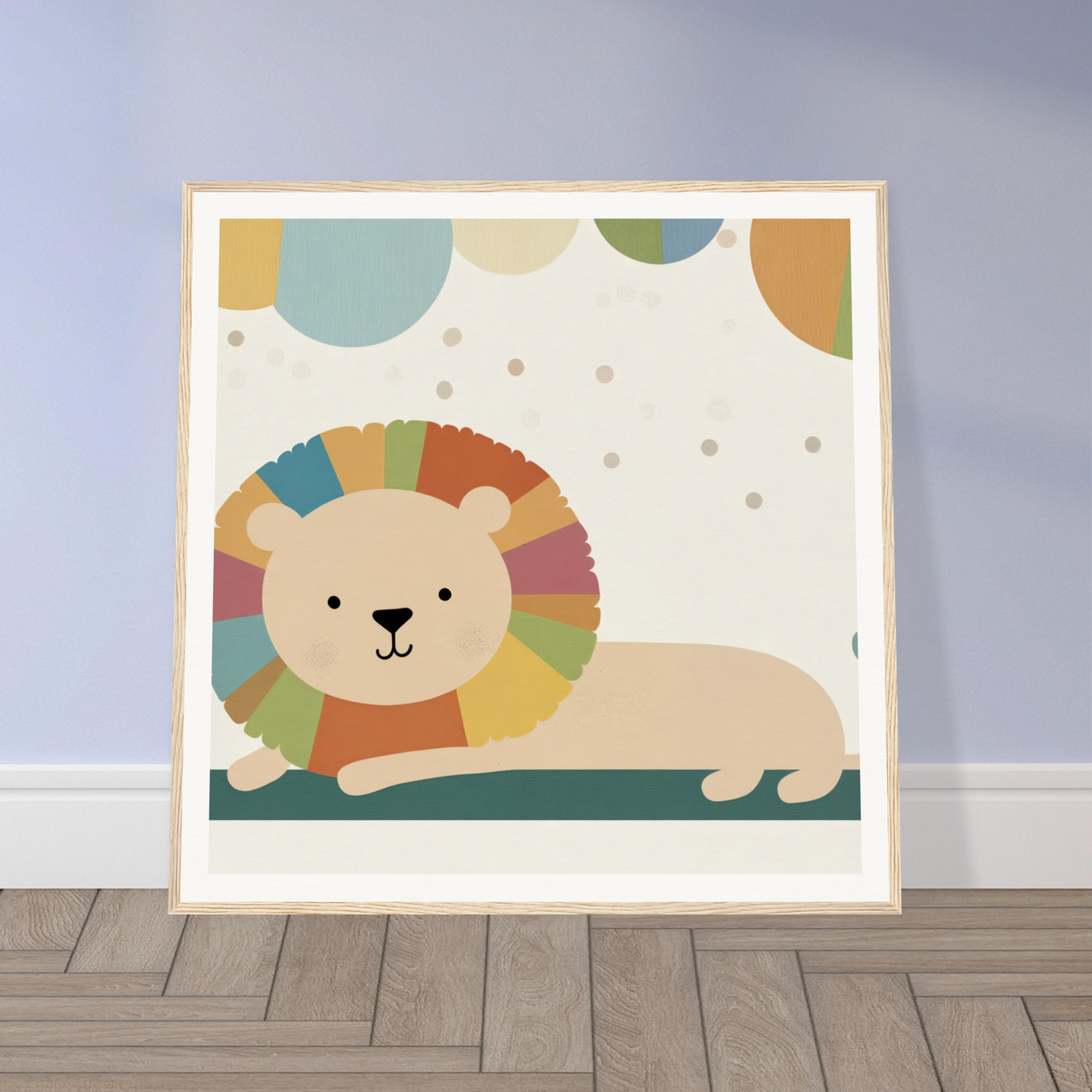 Cartoon lion with a colorful rainbow mane in Whimsical Geometric Serengeti design