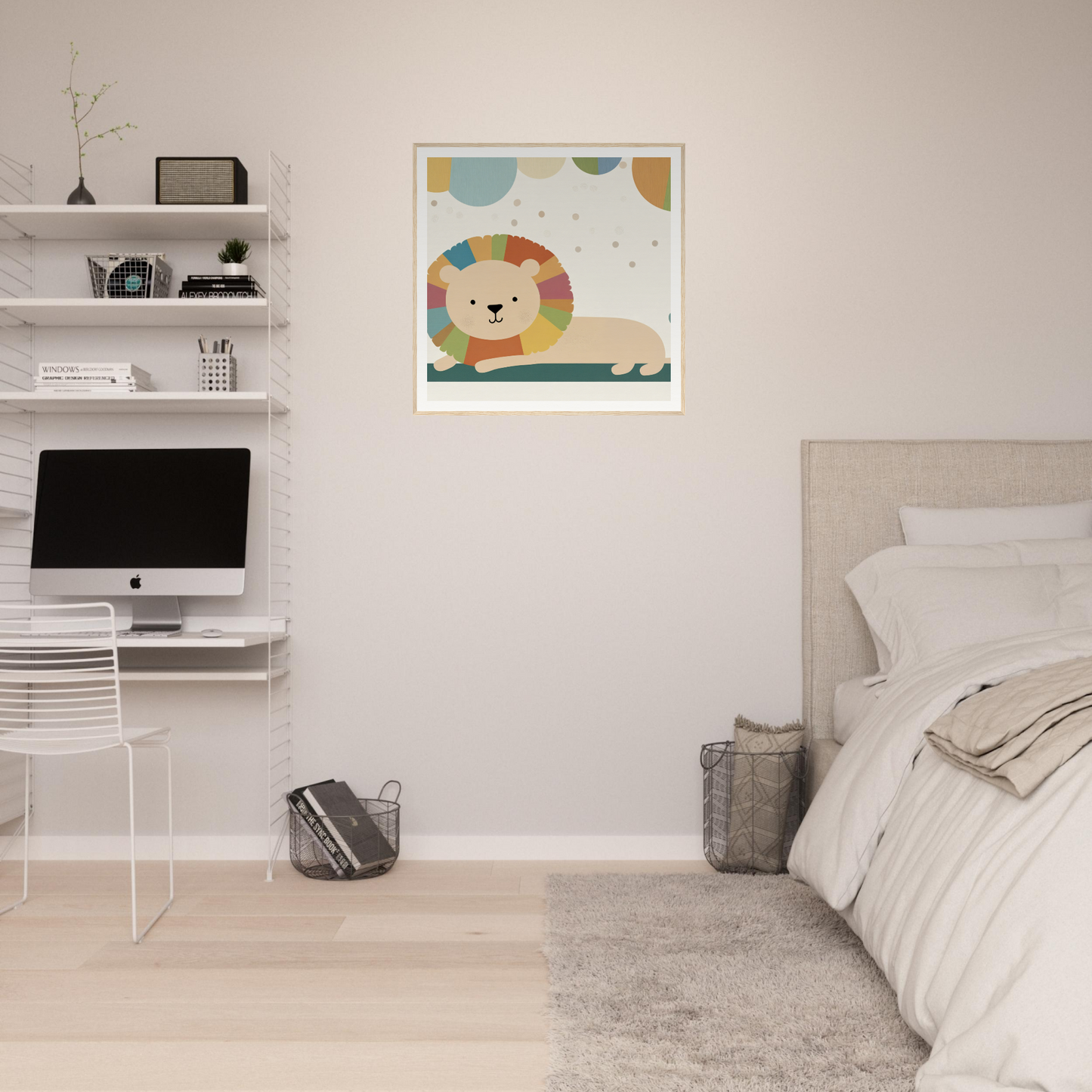 Minimalist bedroom workspace featuring floating shelves and an iMac in Whimsical Geometric Serengeti