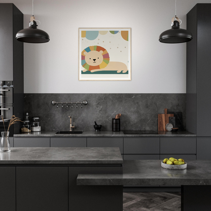 Modern dark gray kitchen featuring black pendant lights and Whimsical Geometric Serengeti artwork