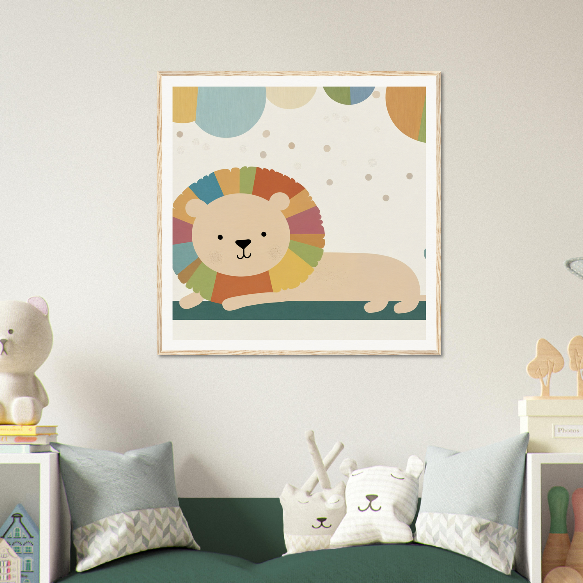 Cartoon lion with a colorful rainbow mane lying down in Whimsical Geometric Serengeti