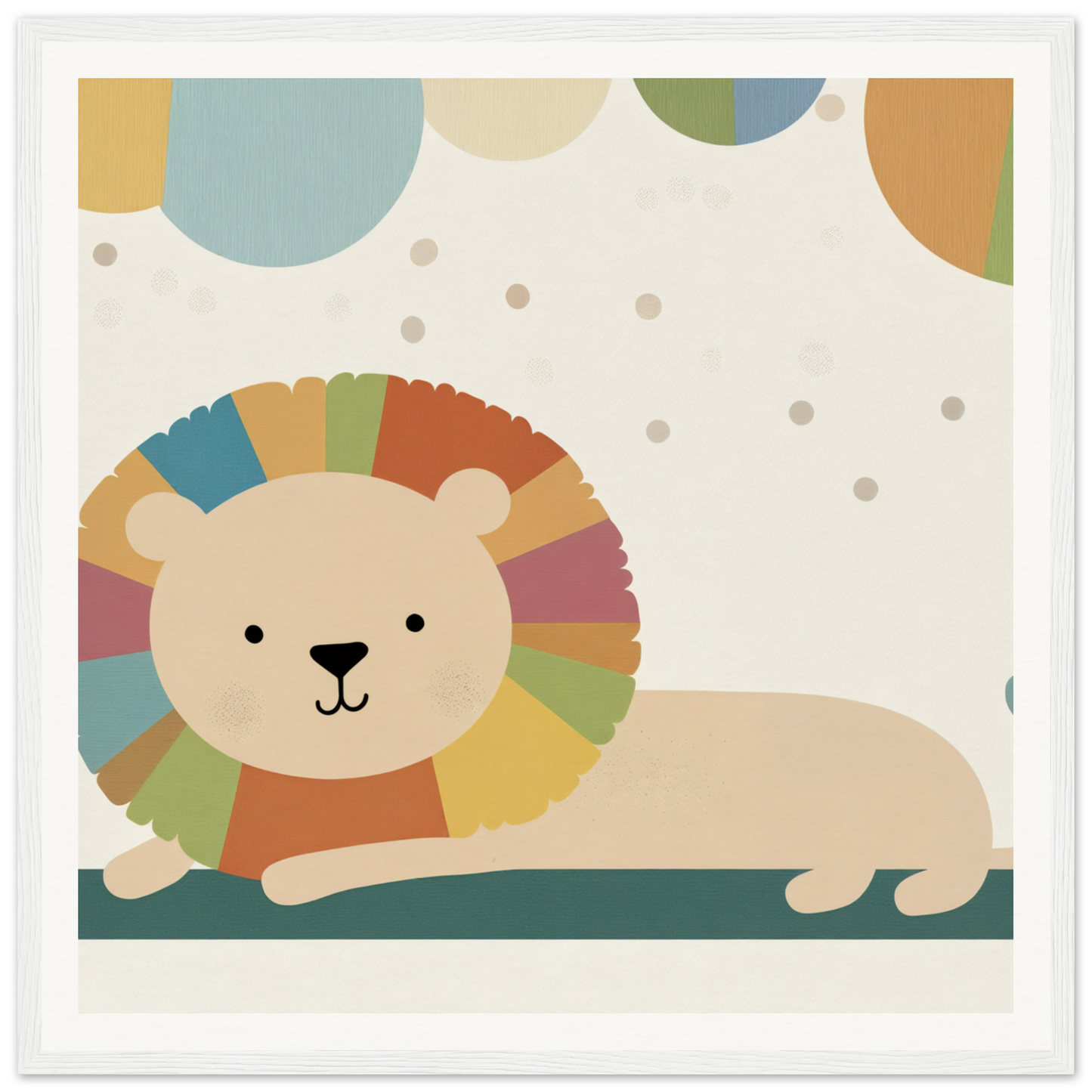 Cute cartoon lion with vibrant rainbow mane in Whimsical Geometric Serengeti design