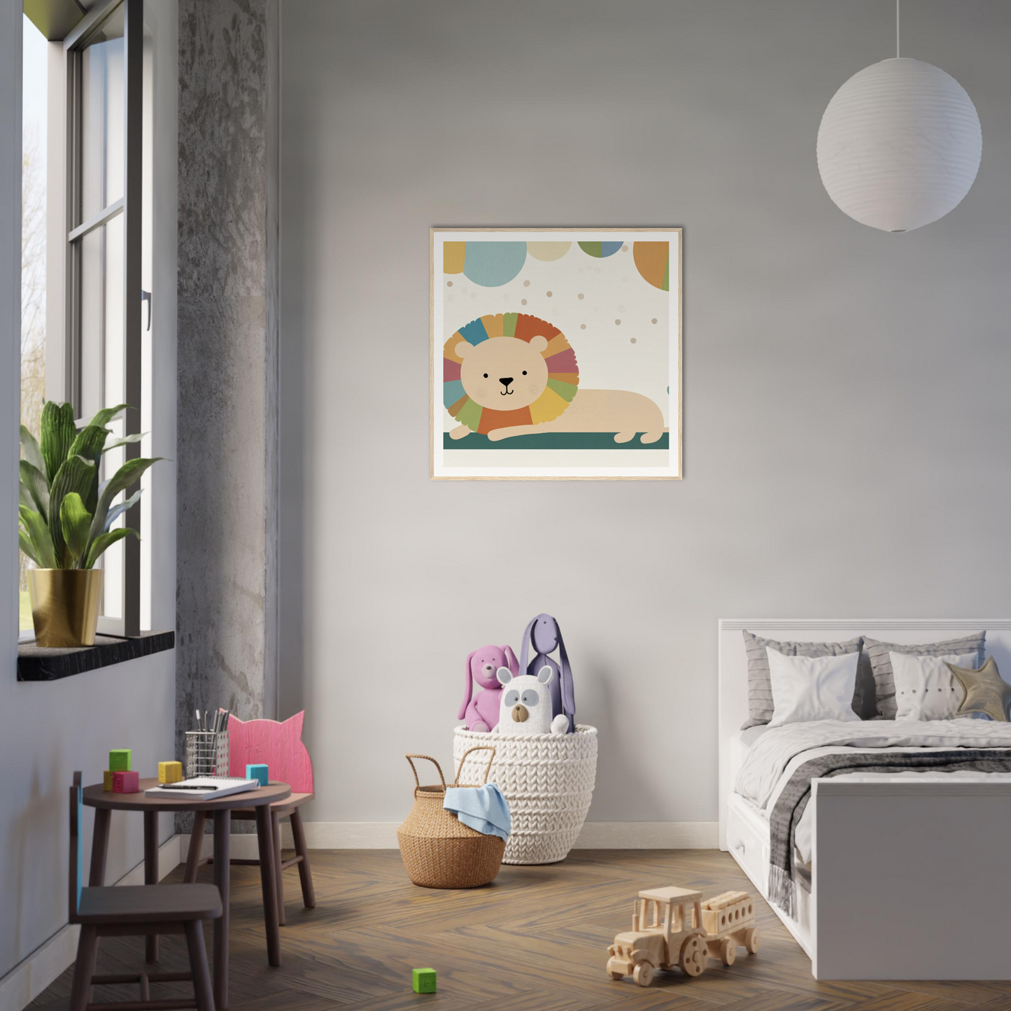 Colorful cartoon lion artwork from Whimsical Geometric Serengeti on gray wall