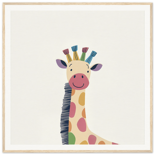 Smiling cartoon giraffe with colorful hair tufts in Whimsical Giraffe Dreams design