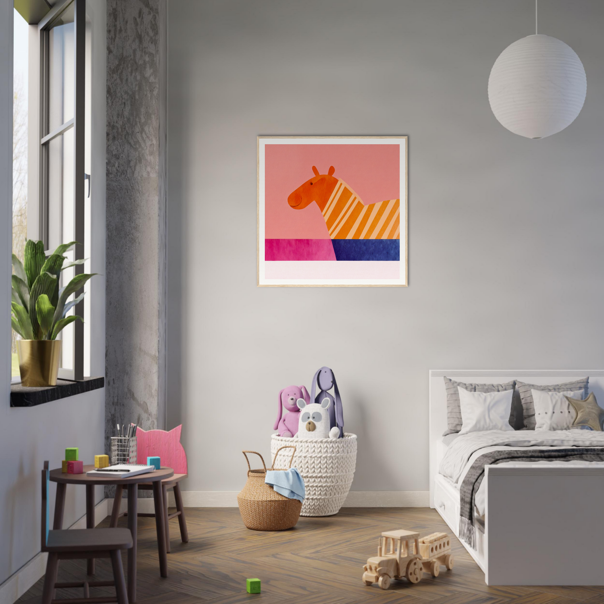 Modern bedroom with minimalist decor and a colorful special edition art™ horse artwork