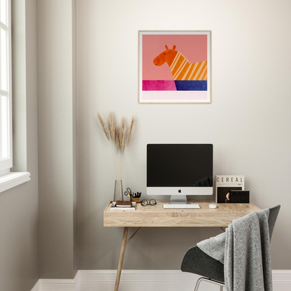 Minimalist wooden desk with iMac and Whimsical Lotus Dreaming special edition art