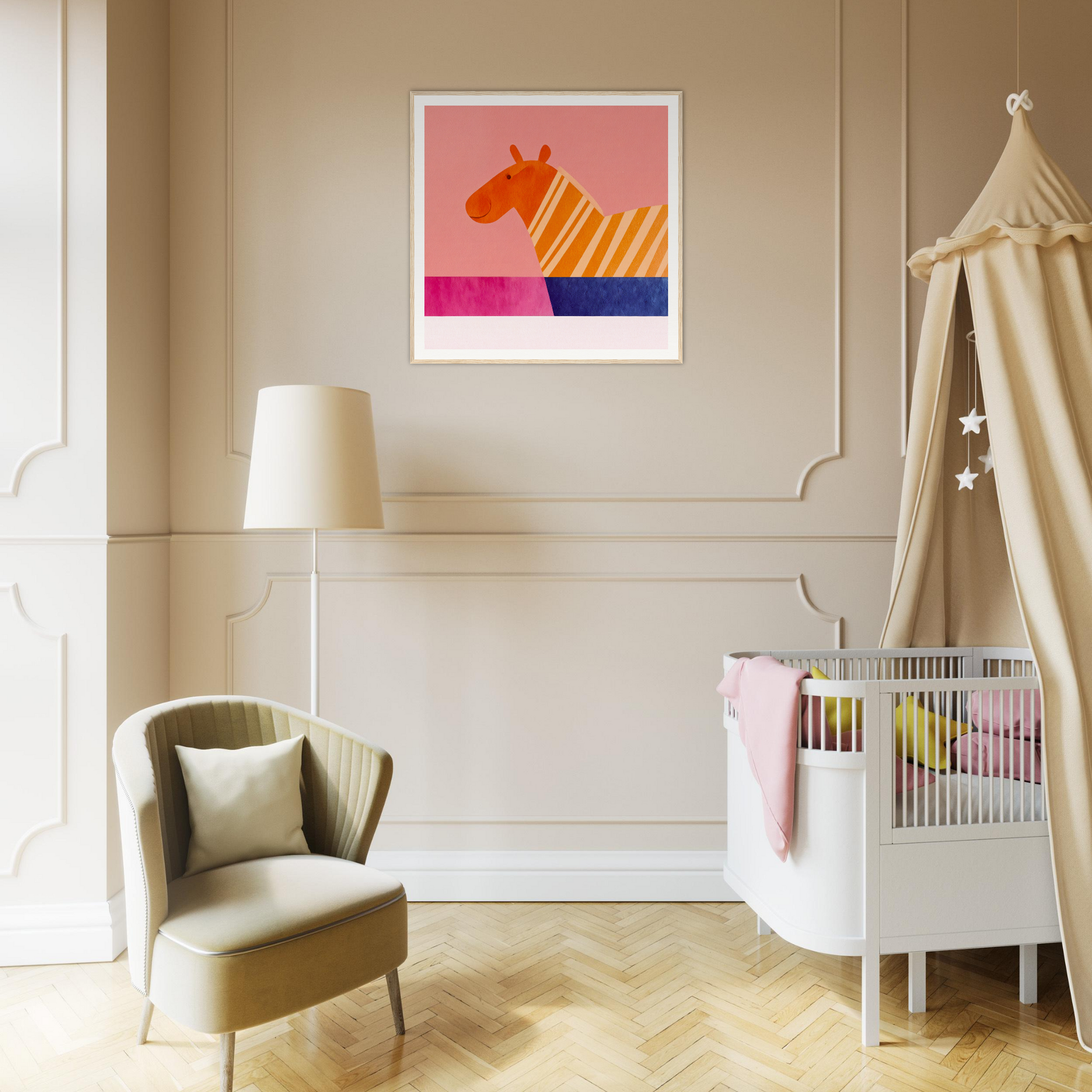 Modern nursery featuring a white crib, beige canopy, and special edition art™ zebra artwork