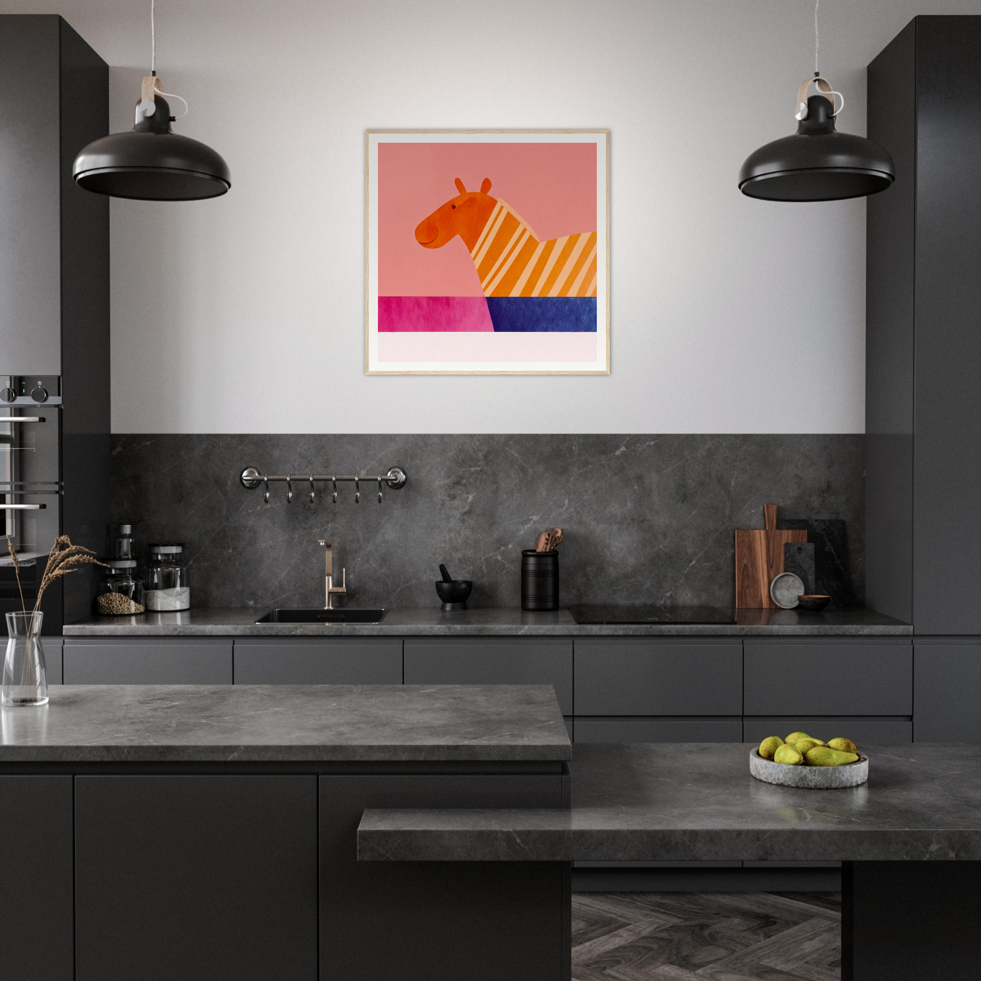 Modern dark kitchen featuring a special edition art™ giraffe print, Whimsical Lotus Dreaming