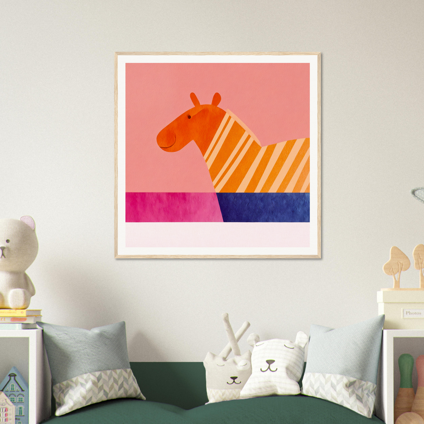 Colorful geometric art print of a zebra in vibrant stripes for Whimsical Lotus Dreaming special edition art™