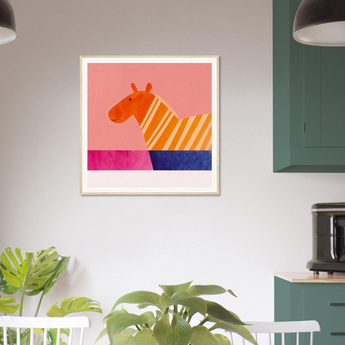 Modern art print of a geometric zebra in orange and yellow for special edition art