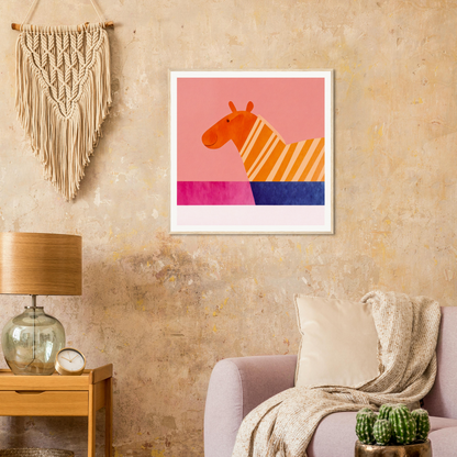 Modern geometric special edition art featuring an orange zebra on a pink and blue background