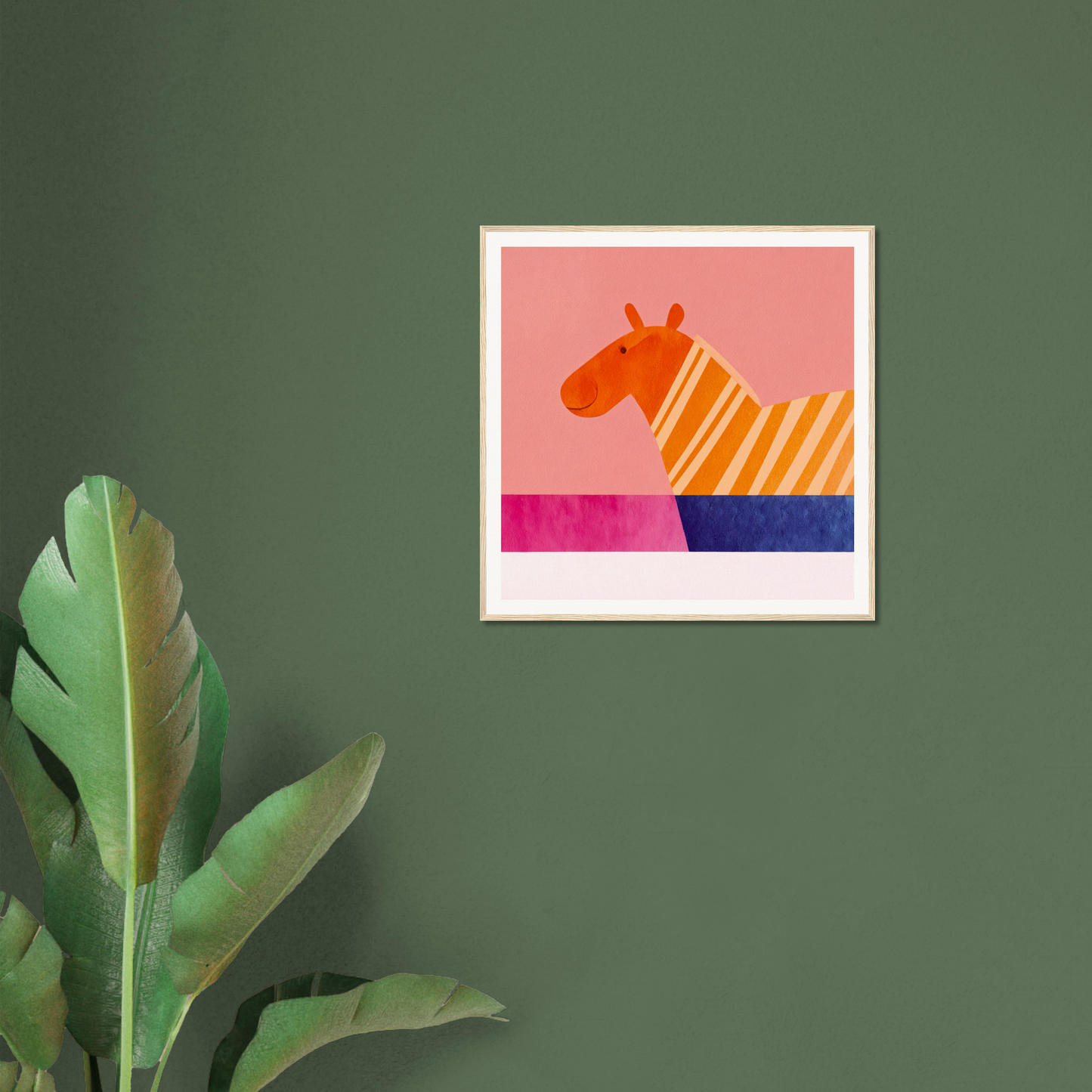 Framed special edition art featuring a minimalist orange and yellow striped zebra design