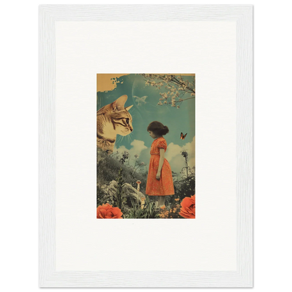 Framed collage canvas print of a figure in an orange dress for unique room decoration