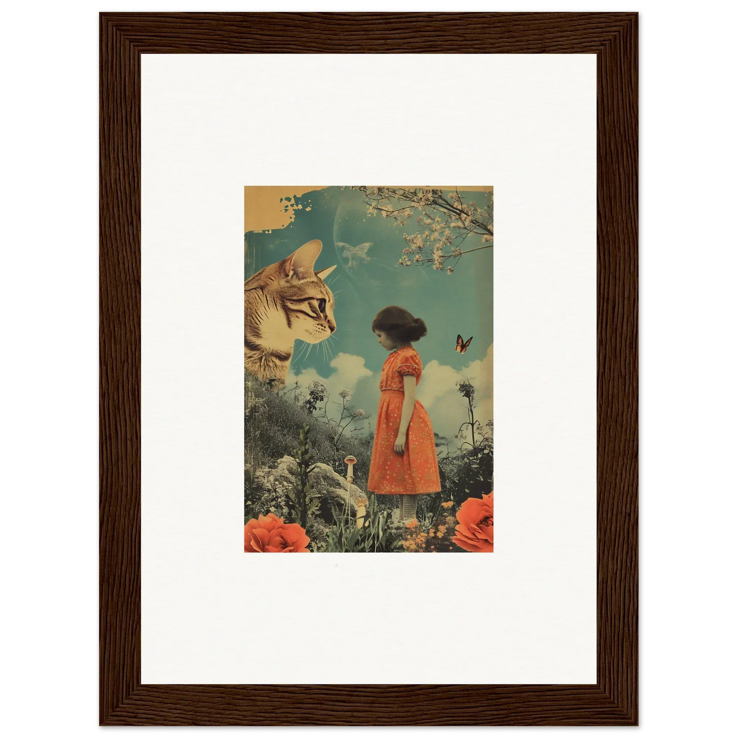 Surreal canvas print of a girl in an orange dress facing a giant cat, perfect for room decoration