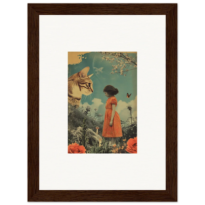 Surreal canvas print of a girl in an orange dress facing a giant cat, perfect for room decoration