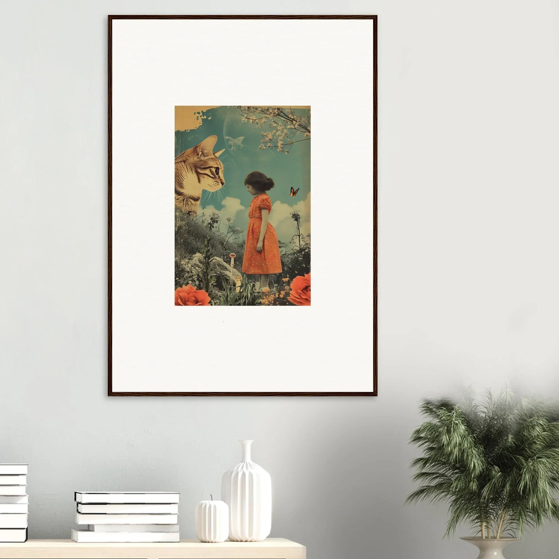 Framed surreal canvas print of a figure in an orange dress for a whimsical perception vacation