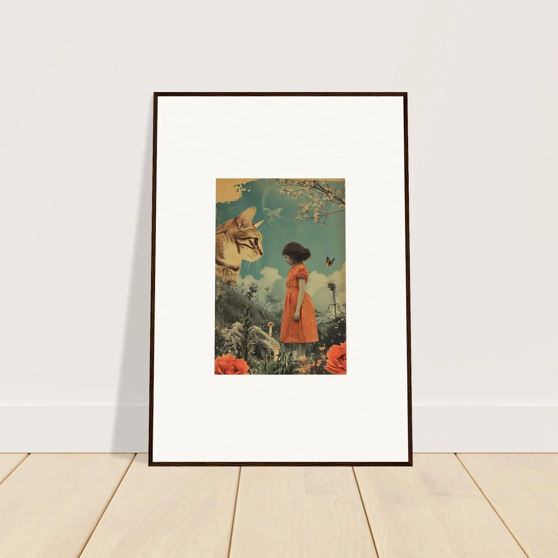 Framed canvas print of a child in an orange dress enjoying nature for a vibrant room decoration