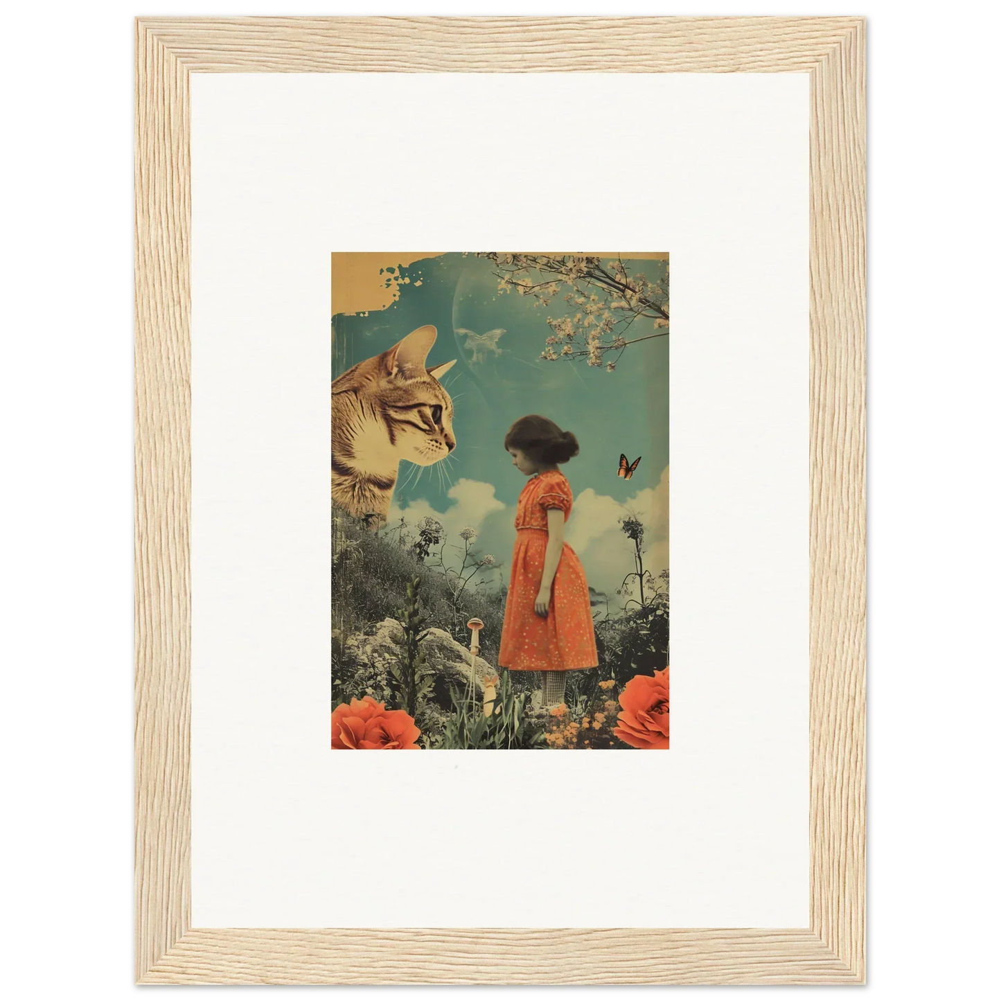 Surrealist canvas print showing an orange dress figure facing a giant cat in a dreamy landscape