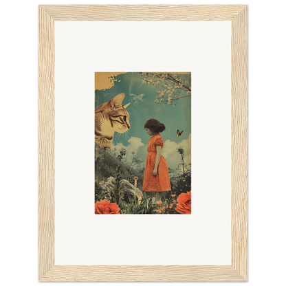 Surrealist canvas print showing an orange dress figure facing a giant cat in a dreamy landscape