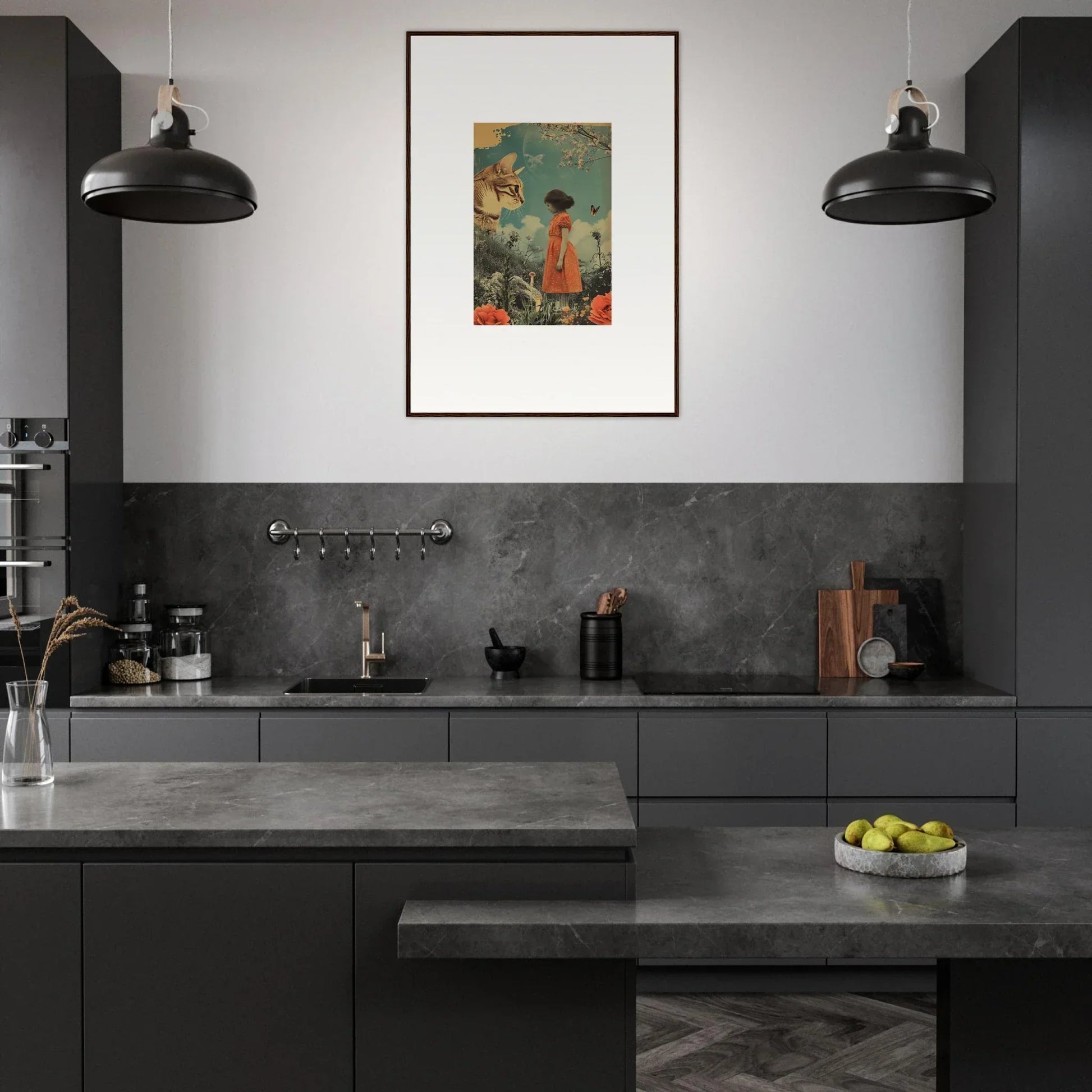 Modern kitchen with dark cabinets, concrete tops, and a vibrant canvas print for room decoration