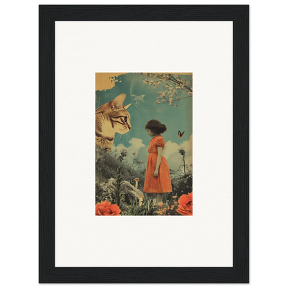 Framed surrealist collage of girl in orange dress and giant cat for room decoration canvas print