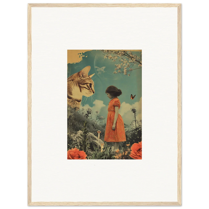 Surreal canvas print of a girl in an orange dress and giant cat for unique room decoration