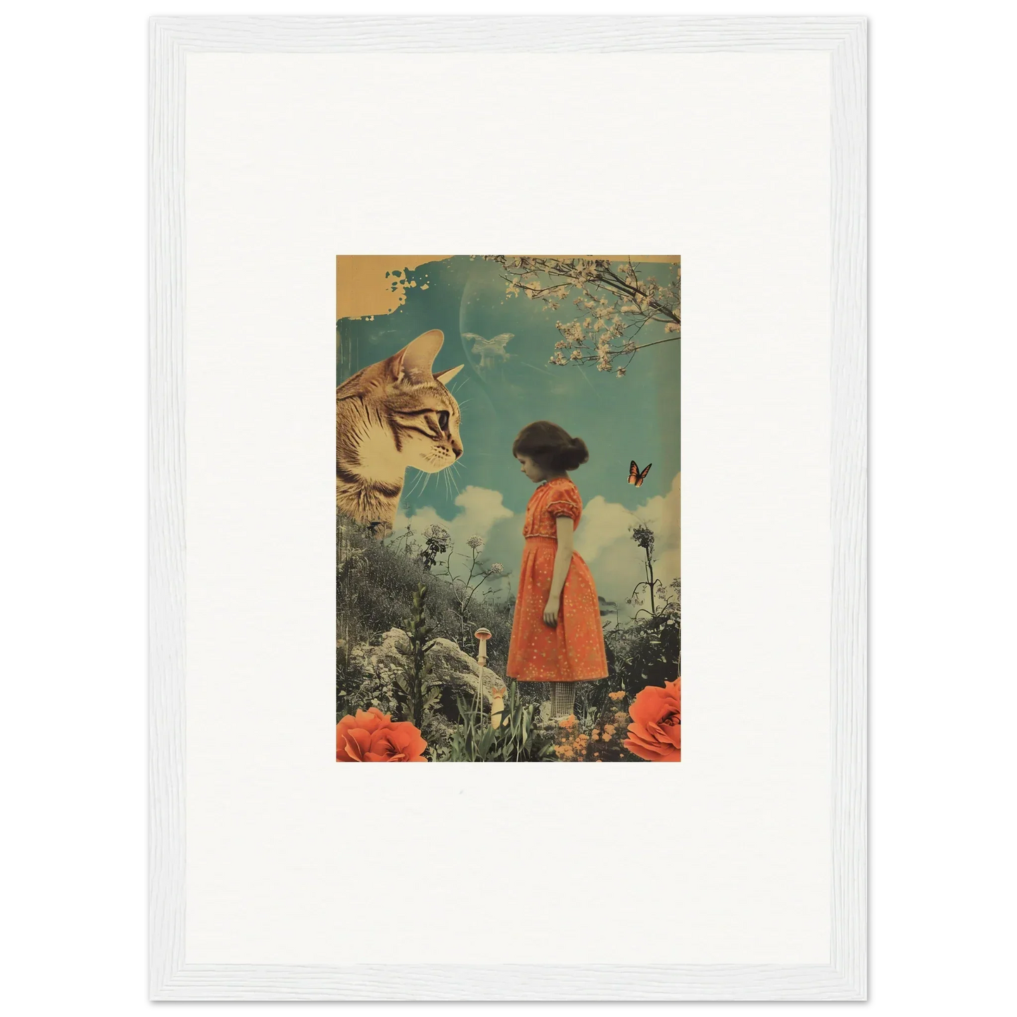 Framed surrealist collage of a figure in an orange dress and cat head for fun room decoration