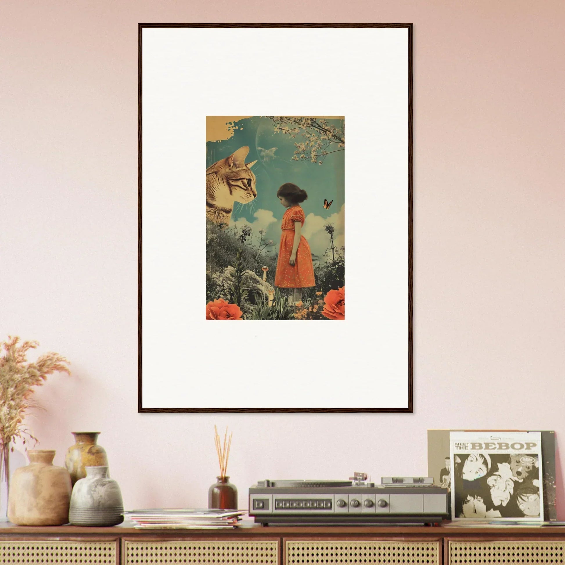 Framed canvas print of a person in an orange dress for a whimsical perception vacation