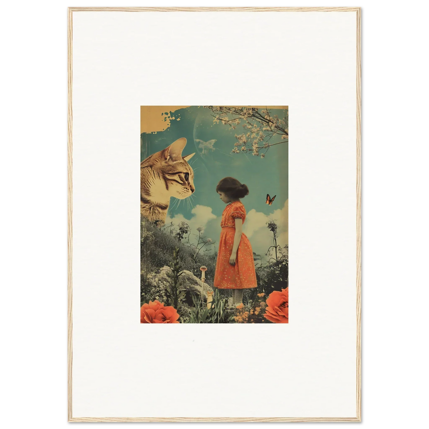 Framed collage of a child in an orange dress under a giant cat face for room decoration