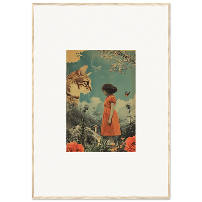 Framed collage of a child in an orange dress under a giant cat face for room decoration