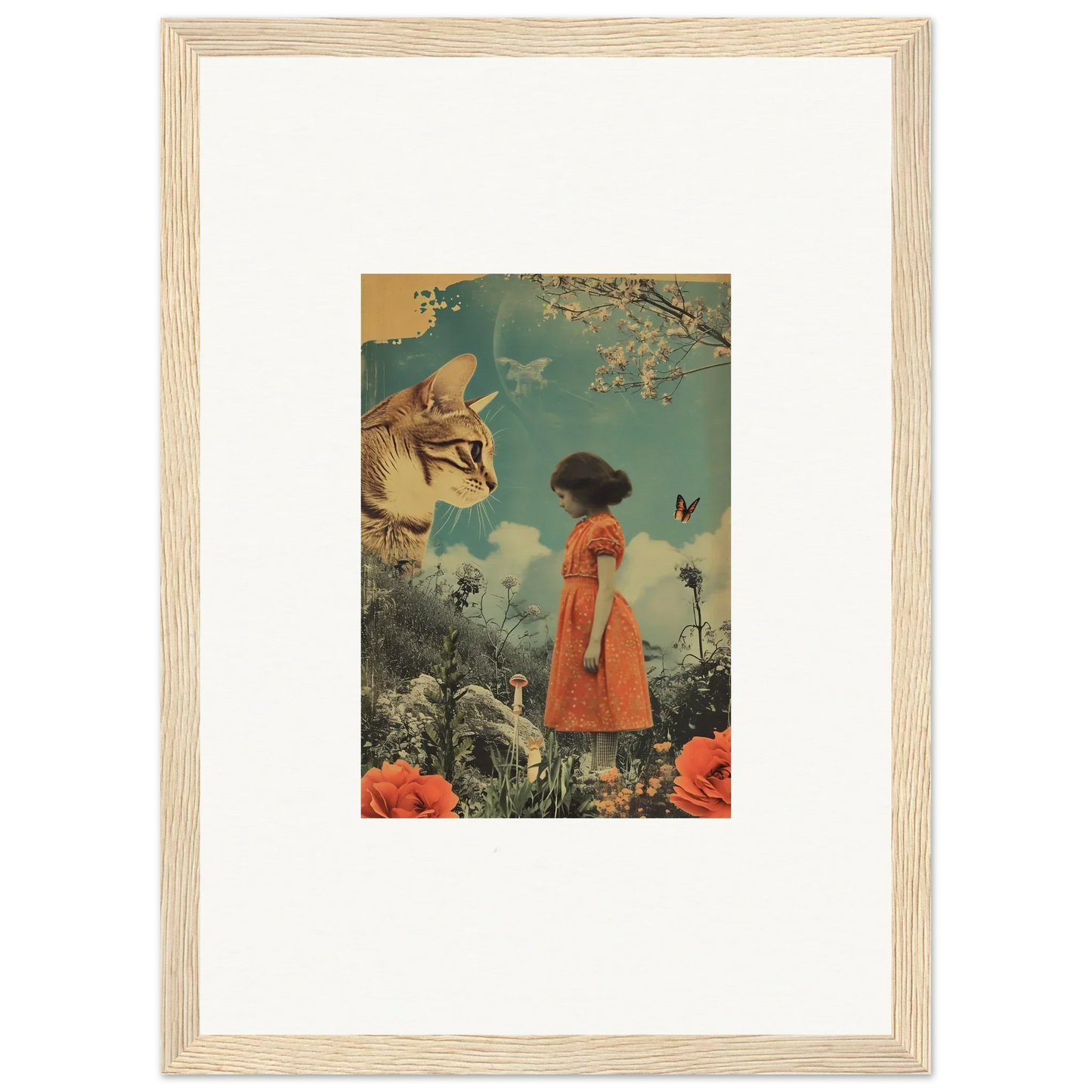 Surreal canvas print with a figure in an orange dress and a giant cat face, ideal for perception vacation room decoration