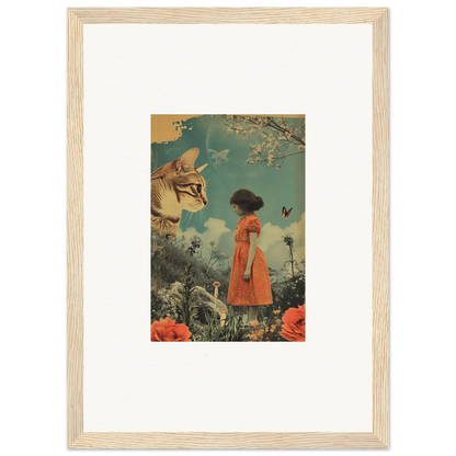 Surreal canvas print with a figure in an orange dress and a giant cat face, ideal for perception vacation room decoration