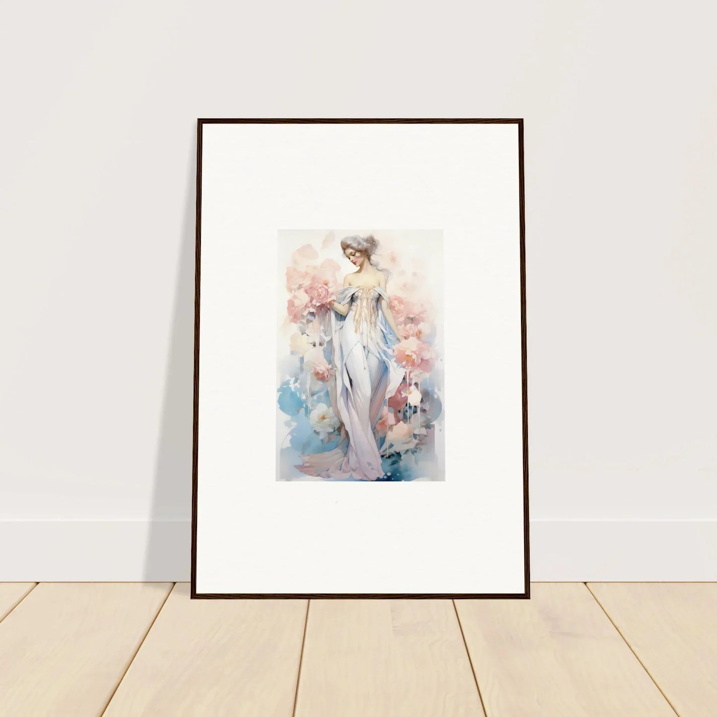 Framed watercolor of an elegant woman in a flowing dress for petal play room decoration