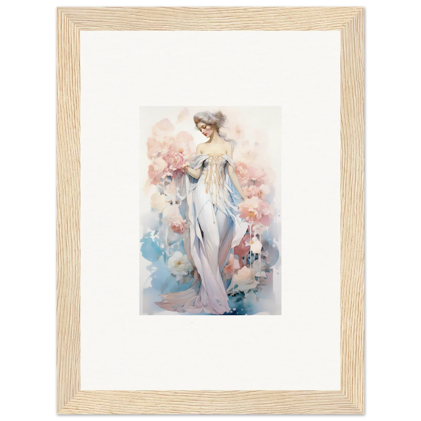 Framed watercolor of a chic woman in white, perfect for petal play room decoration