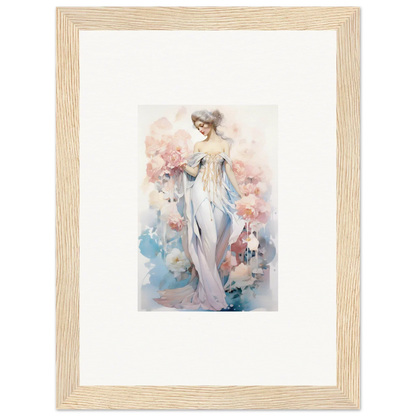 Framed watercolor of a chic woman in white, perfect for petal play room decoration