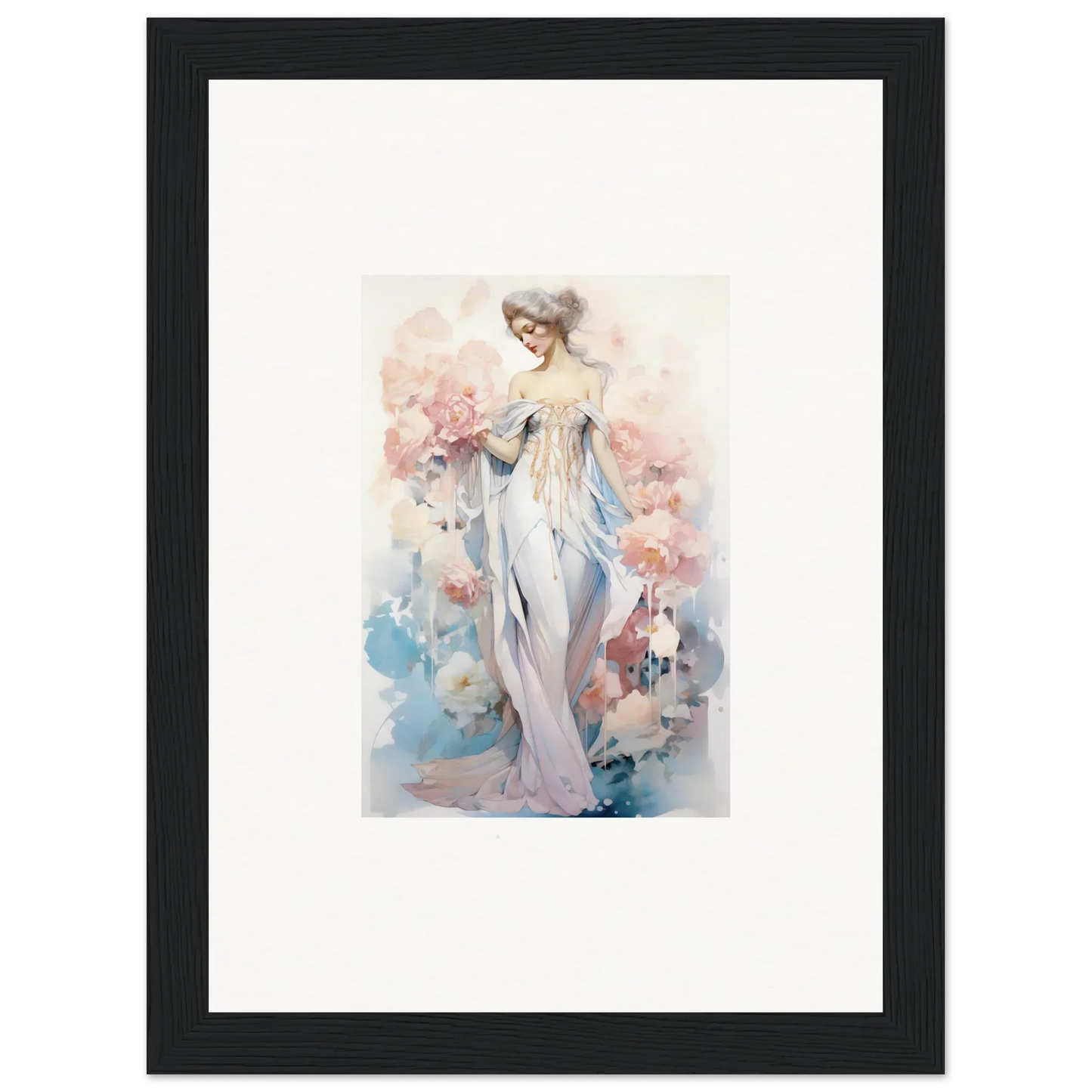 Framed watercolor of an elegant woman in a flowing dress for petal play room decoration