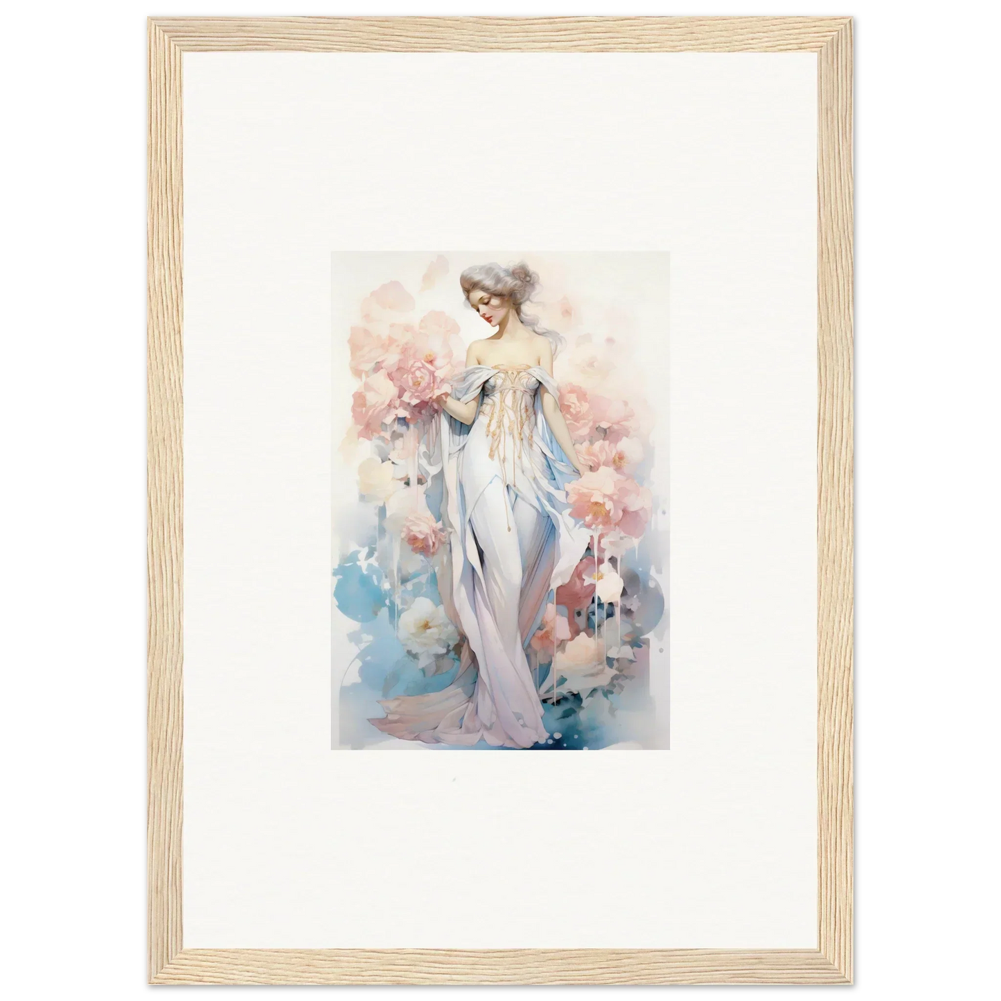 Framed watercolor painting of an elegant woman in a flowing dress for room decoration