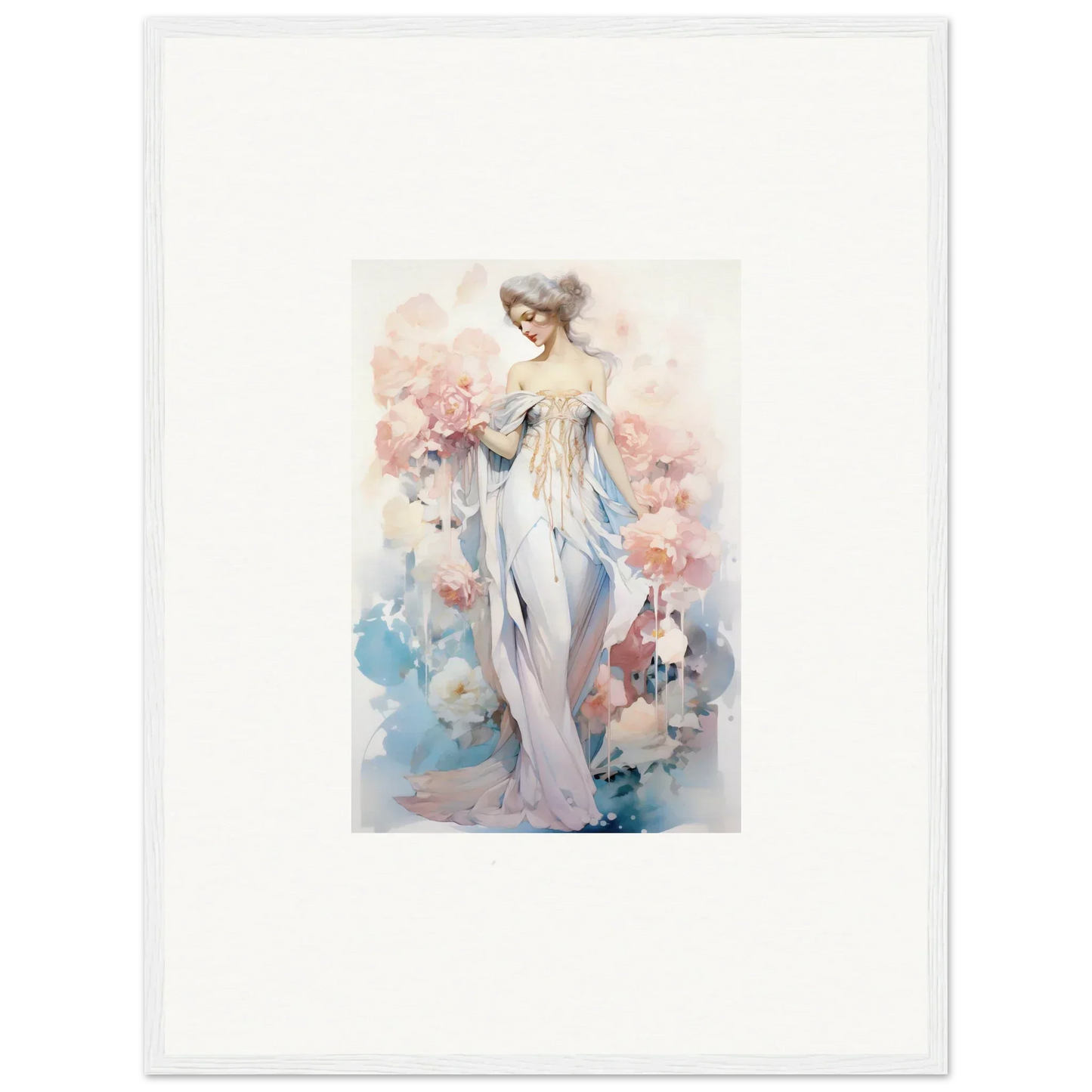 Watercolor painting of an elegant woman in a white dress for petal play room decoration