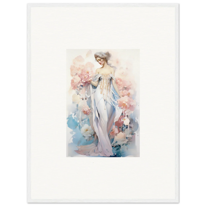 Watercolor painting of an elegant woman in a white dress for petal play room decoration