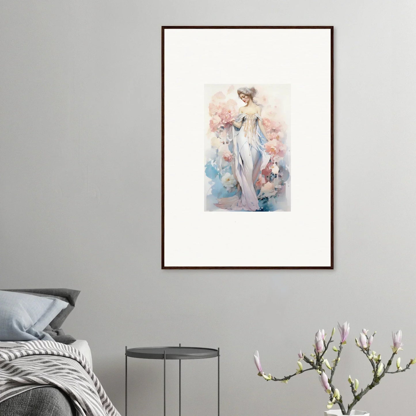 Framed watercolor of a dreamy feminine figure for whimsical petal play room decoration