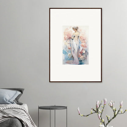 Framed watercolor of a dreamy feminine figure for whimsical petal play room decoration