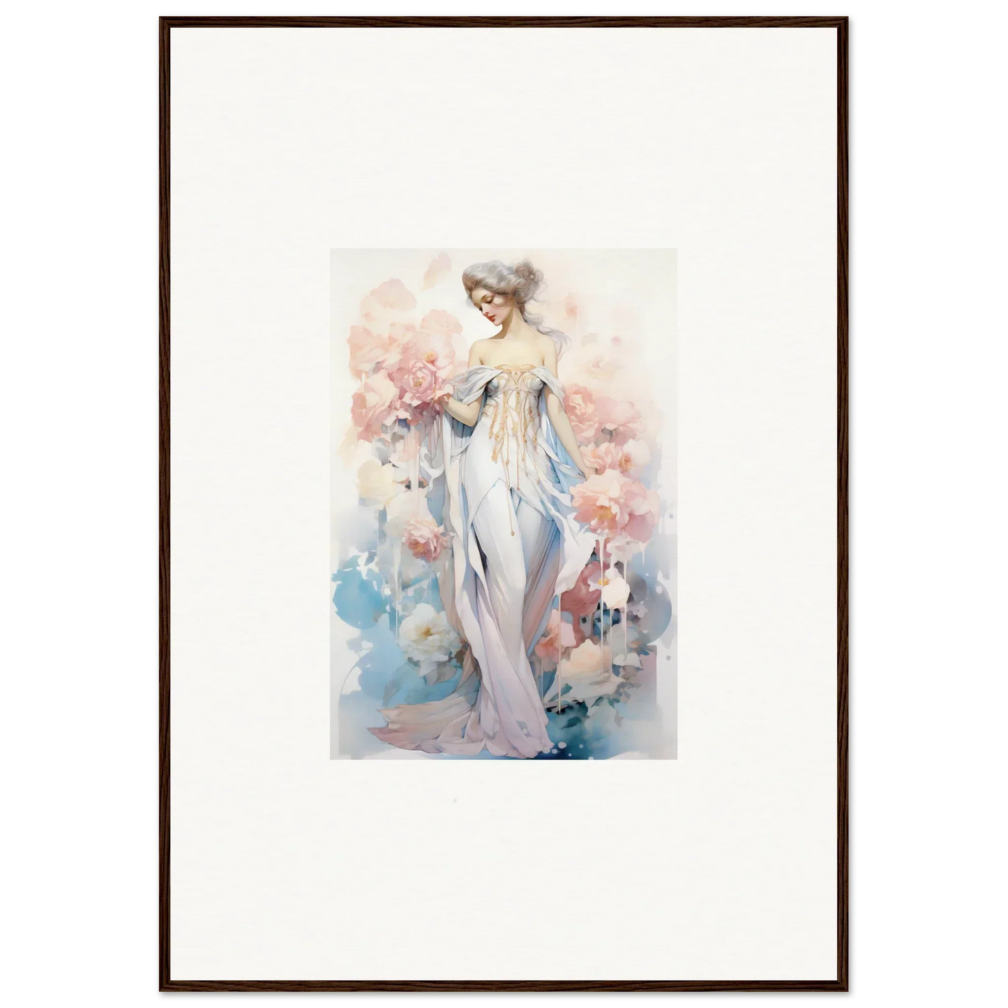 Watercolor canvas print of a woman in a white dress for whimsical petal play room decoration