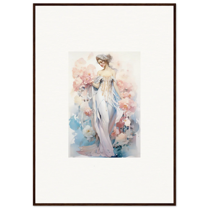 Watercolor canvas print of a woman in a white dress for whimsical petal play room decoration